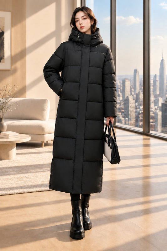Black Hooded Long Puffer Coat front view