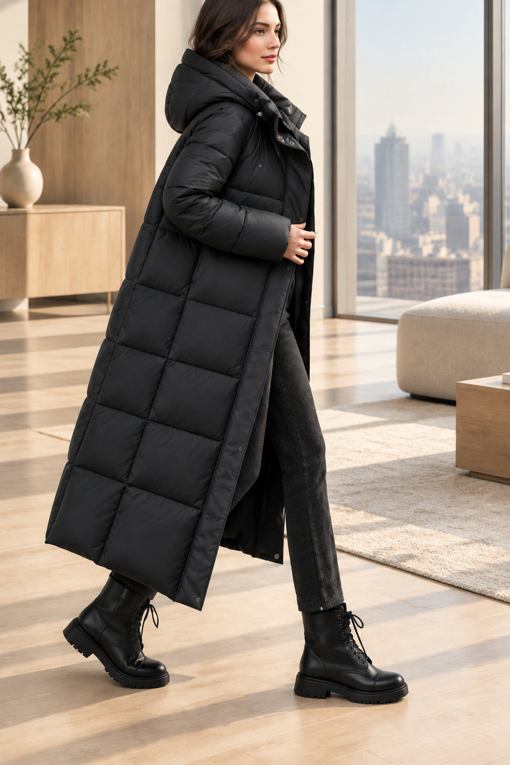 Black Hooded Long Puffer Coat side view