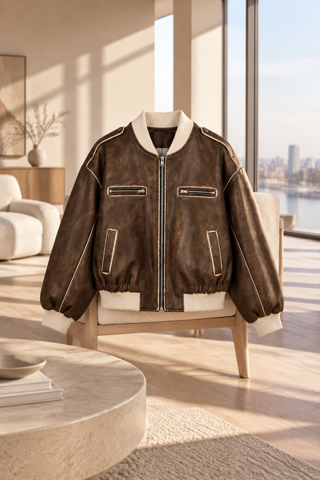 Brown Leather-Look Bomber Jacket — garment view