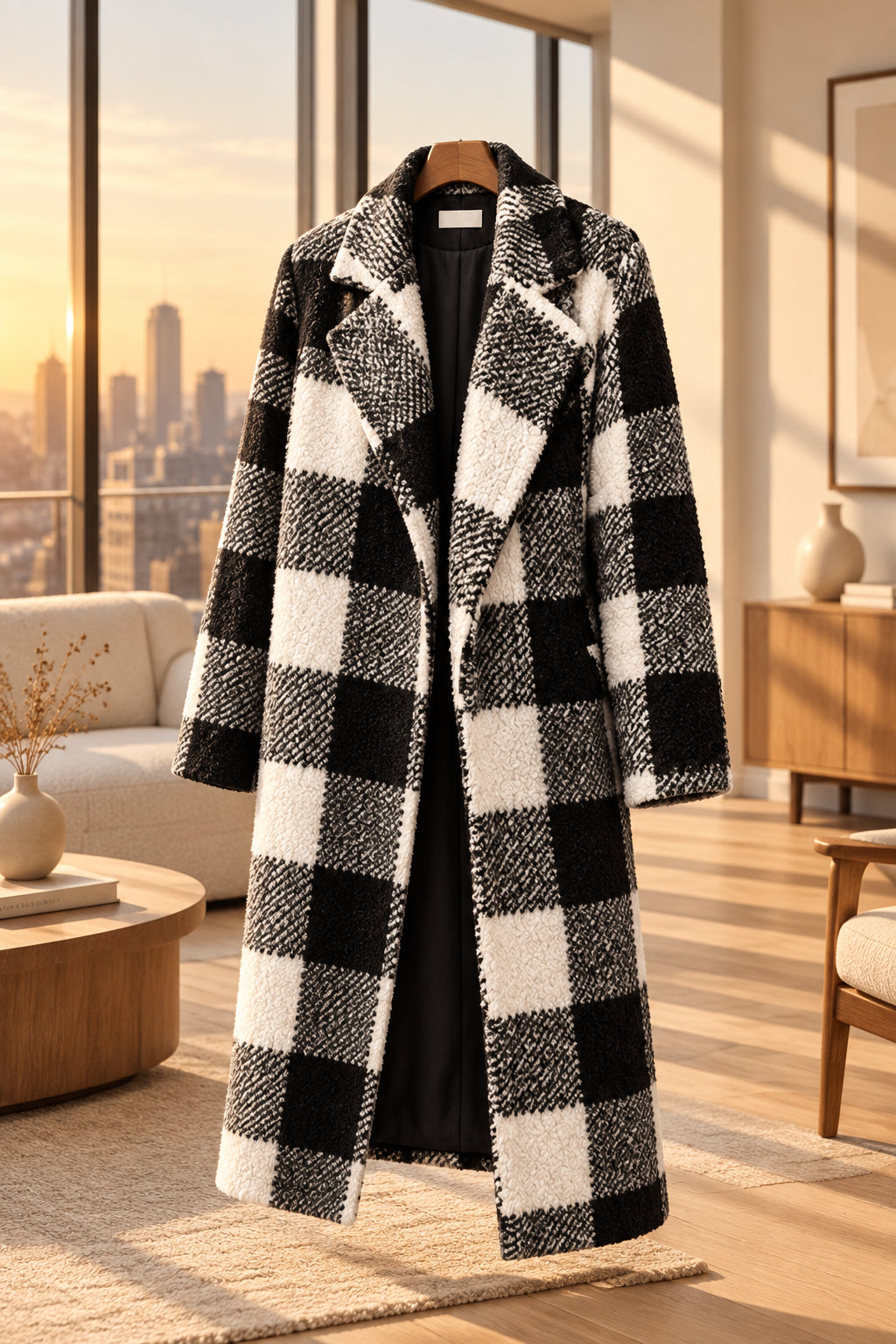 Black and white check winter coat — alternate front view