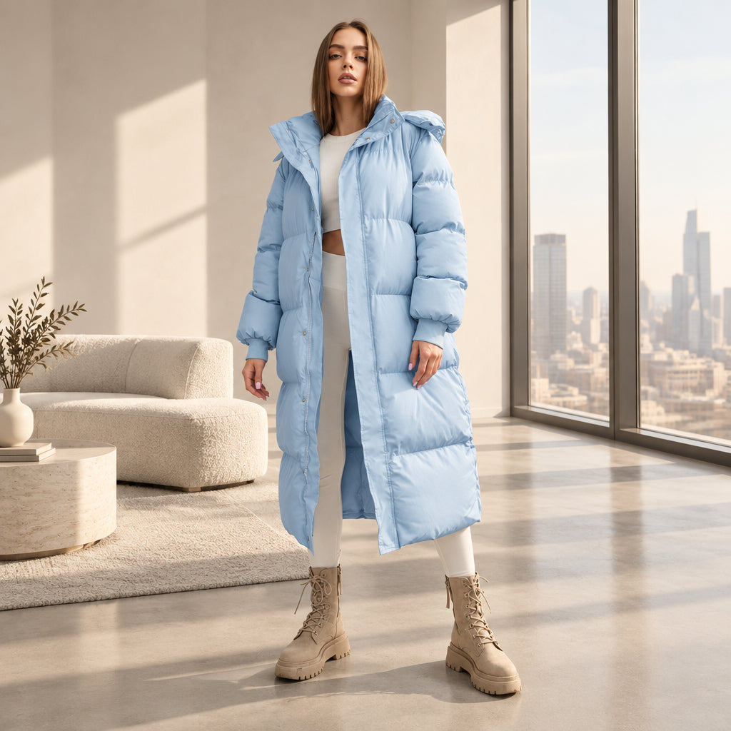 Light Blue Hooded Long Puffer Coat — product image 1