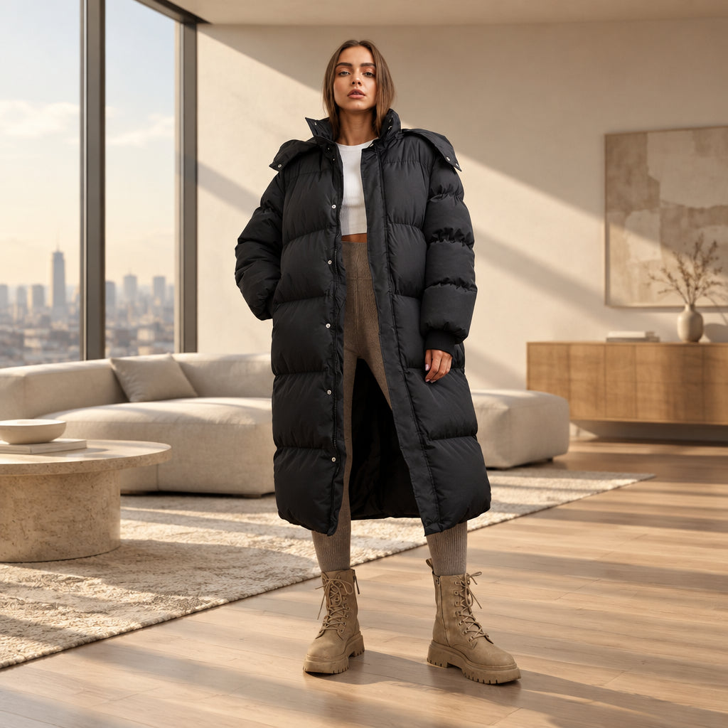 Person wearing a long dark blue puffer coat with beige boots on a plain background