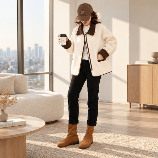 Cream Teddy Jacket with Brown Trim — product image 1
