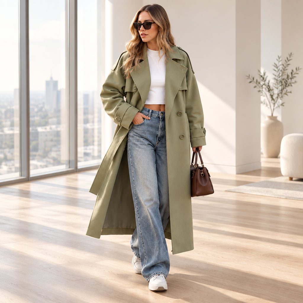 Light Green Belted Long Trench Coat — product image 1