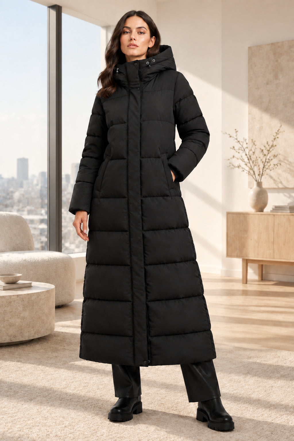 Black Hooded Long Puffer Coat product view