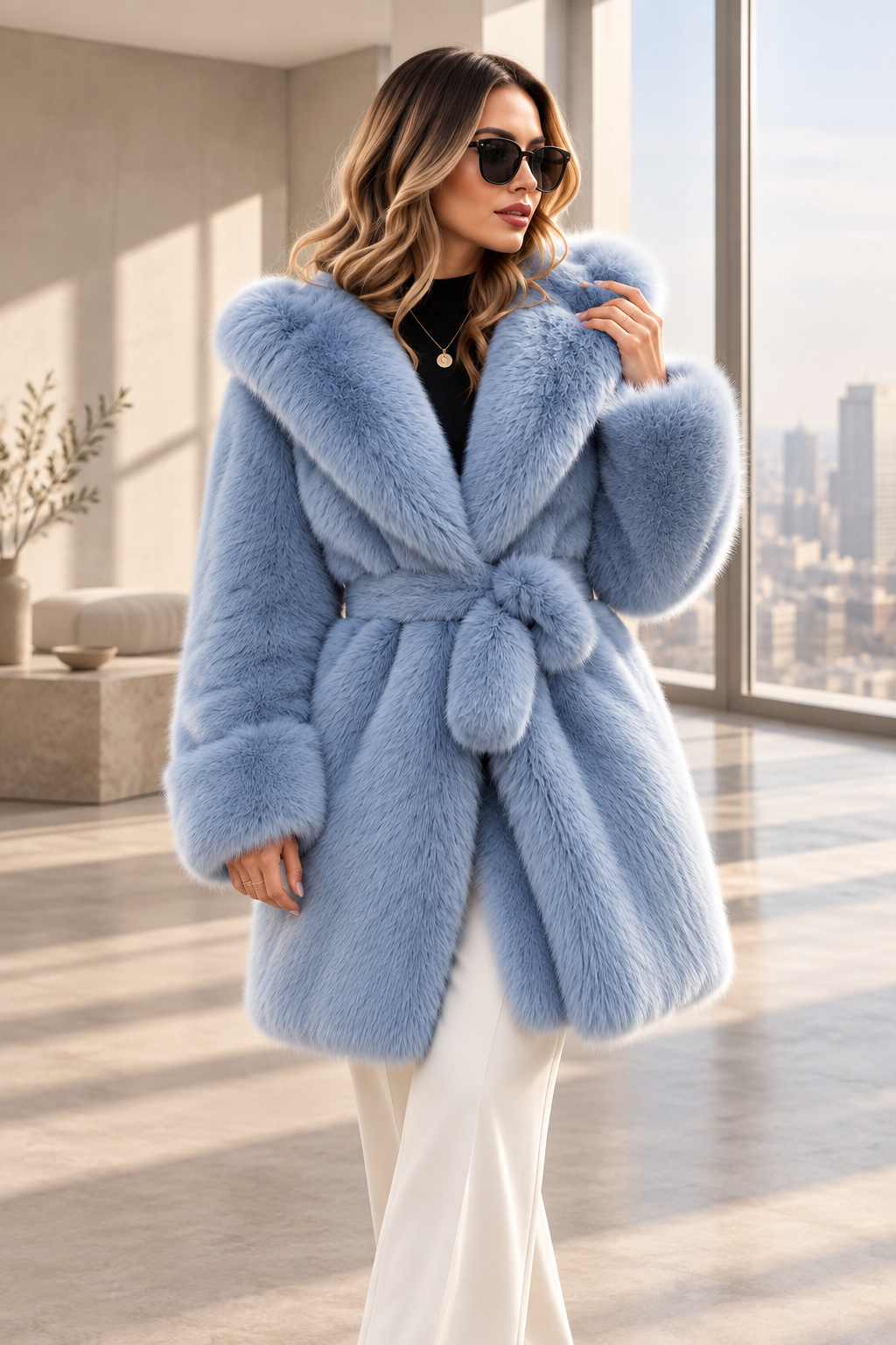Powder Blue Faux-Fur Belted Coat — product image 1