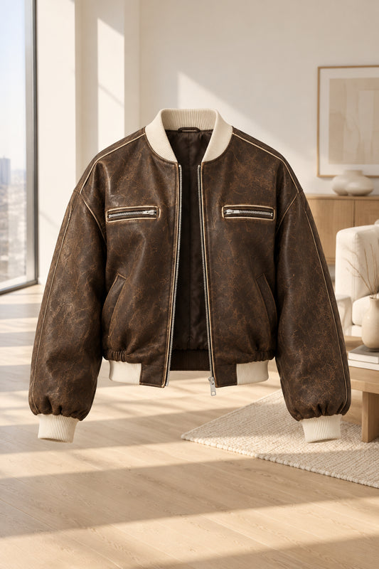 Brown Leather-Look Bomber Jacket — full view