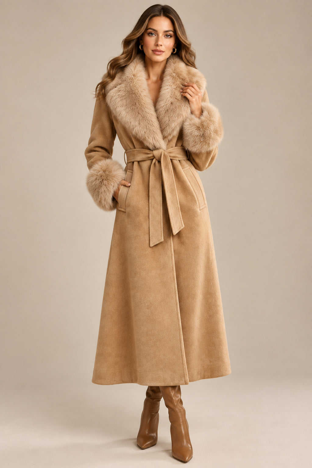 Belted Plush-Trim Winter Coat
