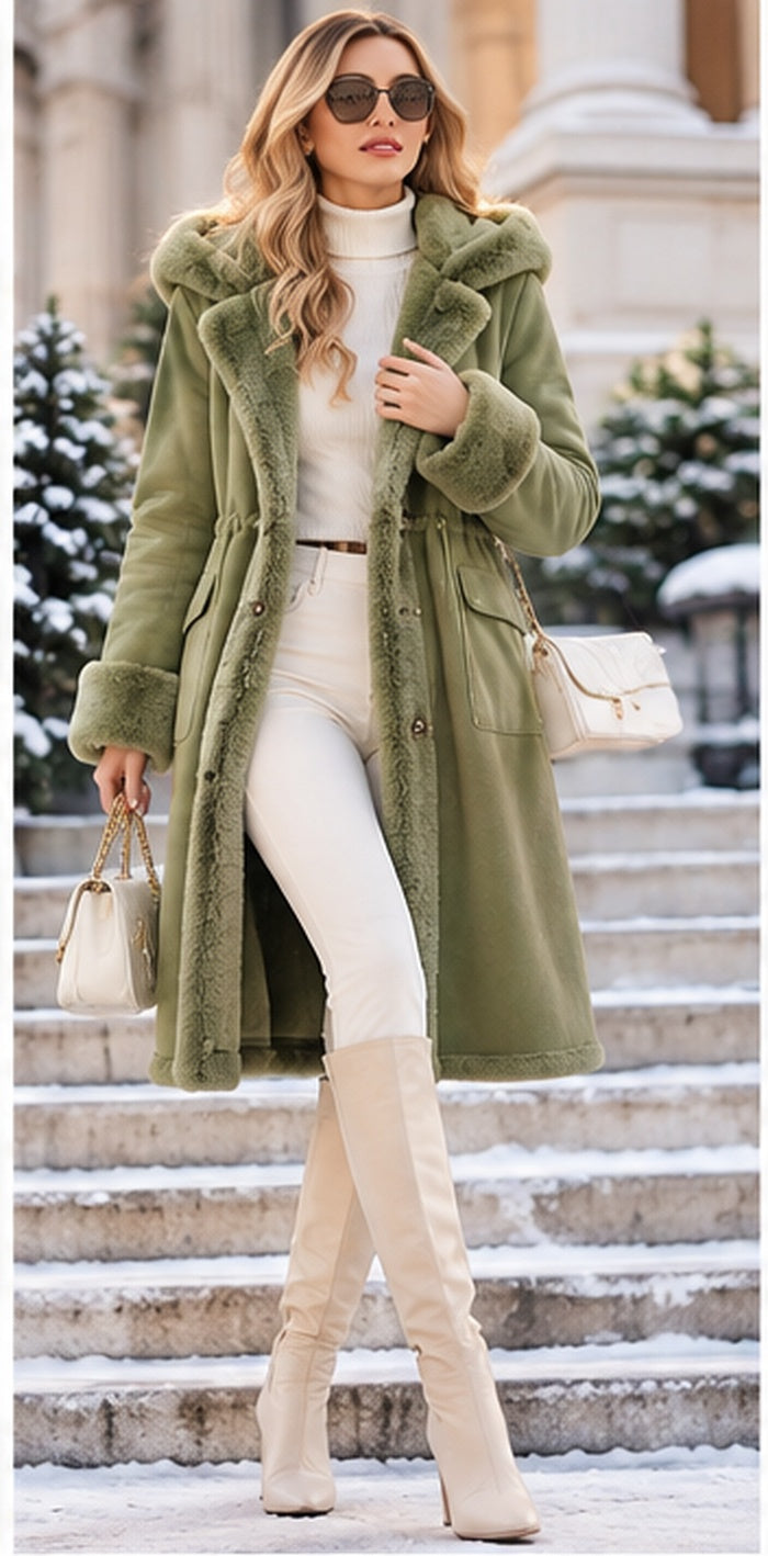 Sage plush-trim winter coat — full front view