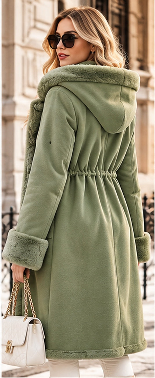 Sage plush-trim winter coat — back view