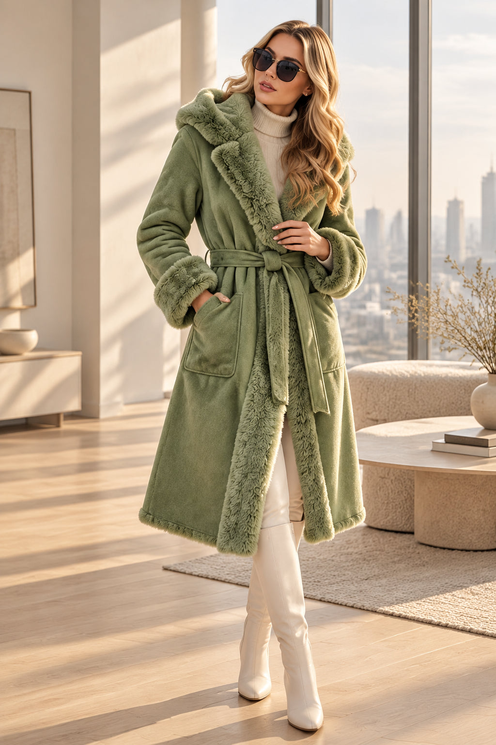 Sage plush-trim winter coat — seated three-quarter view