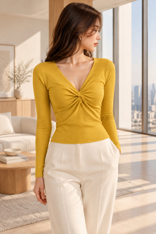 Mustard twist-front knit top — back view