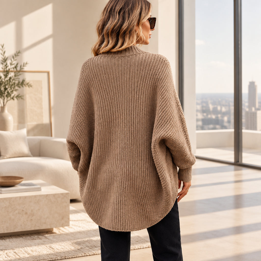 Taupe cocoon knit cardigan — back view