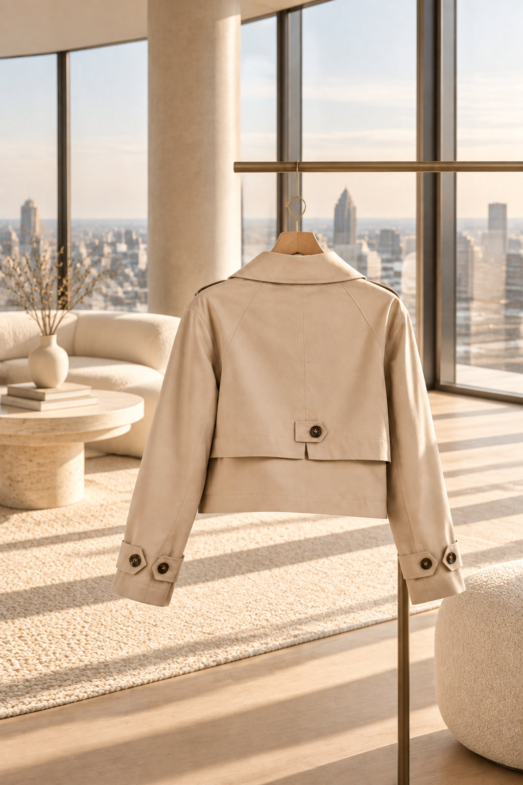 Beige cropped trench jacket — back three-quarter view