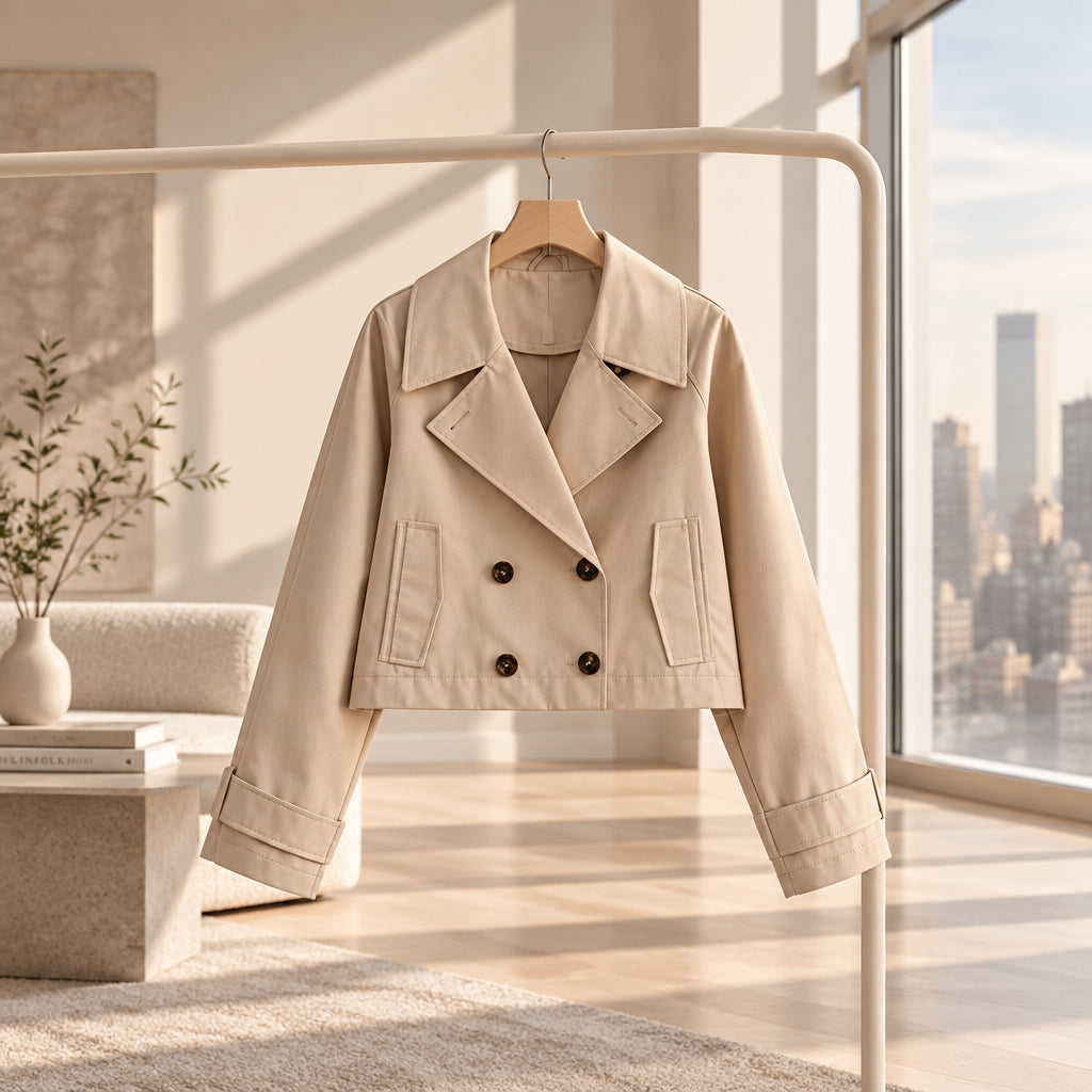 Beige cropped trench jacket — garment view