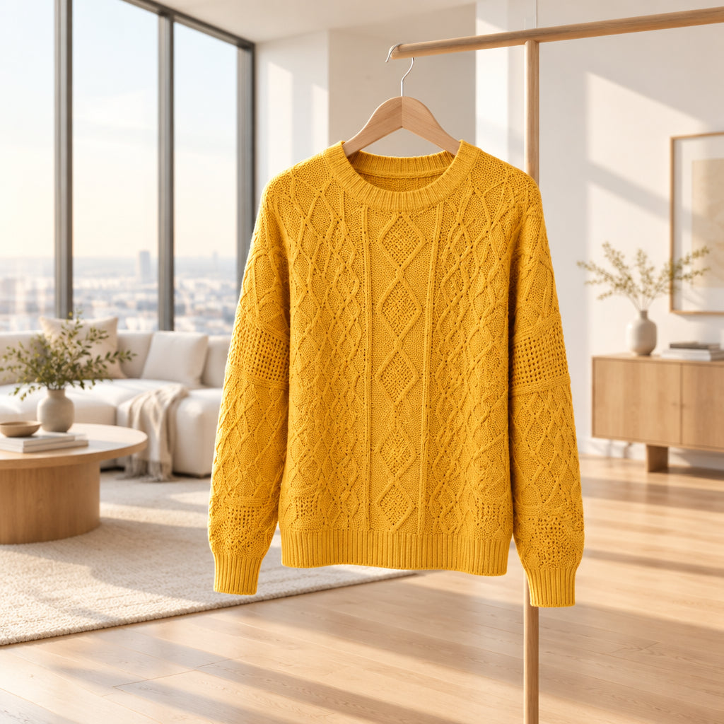 Mustard cable-knit winter sweater — back view