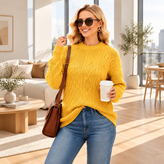 Mustard cable-knit winter sweater — styled front view