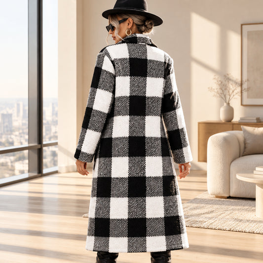 Black and white check winter coat — back view