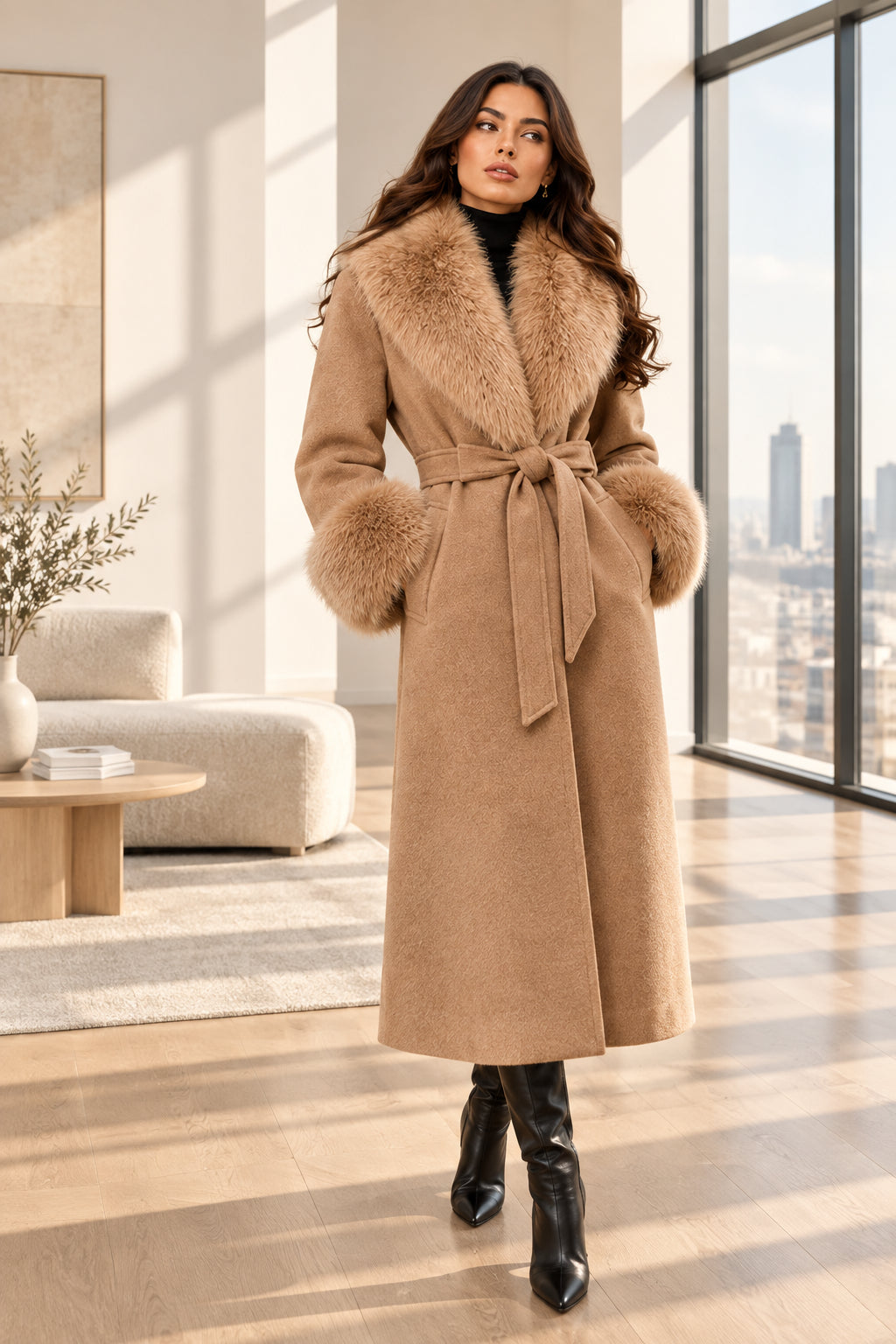 Caramel belted plush-trim winter coat — styled front view