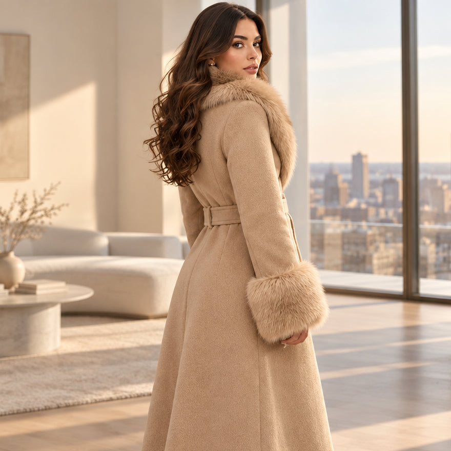 Caramel belted plush-trim winter coat — three-quarter view