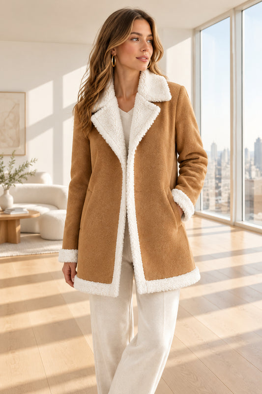 Camel sherpa-trim winter coat — back view