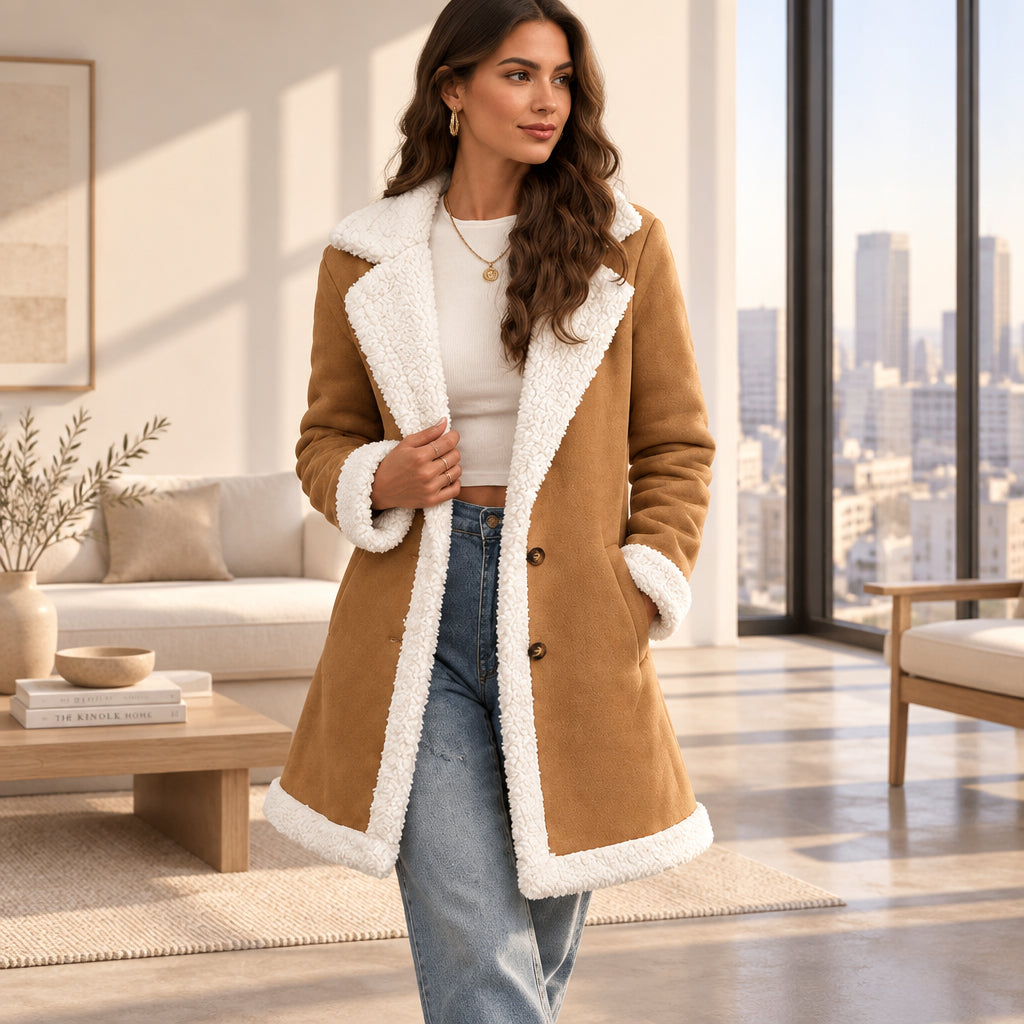 Camel sherpa-trim winter coat — alternate front view