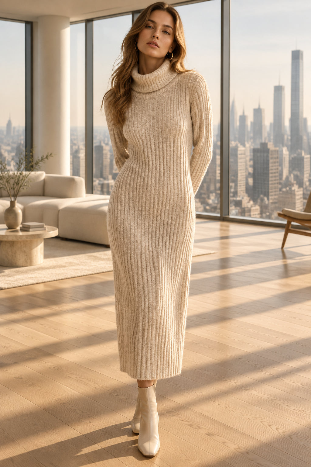 Elegant Knit Winter Dress — rib knit neckline detail