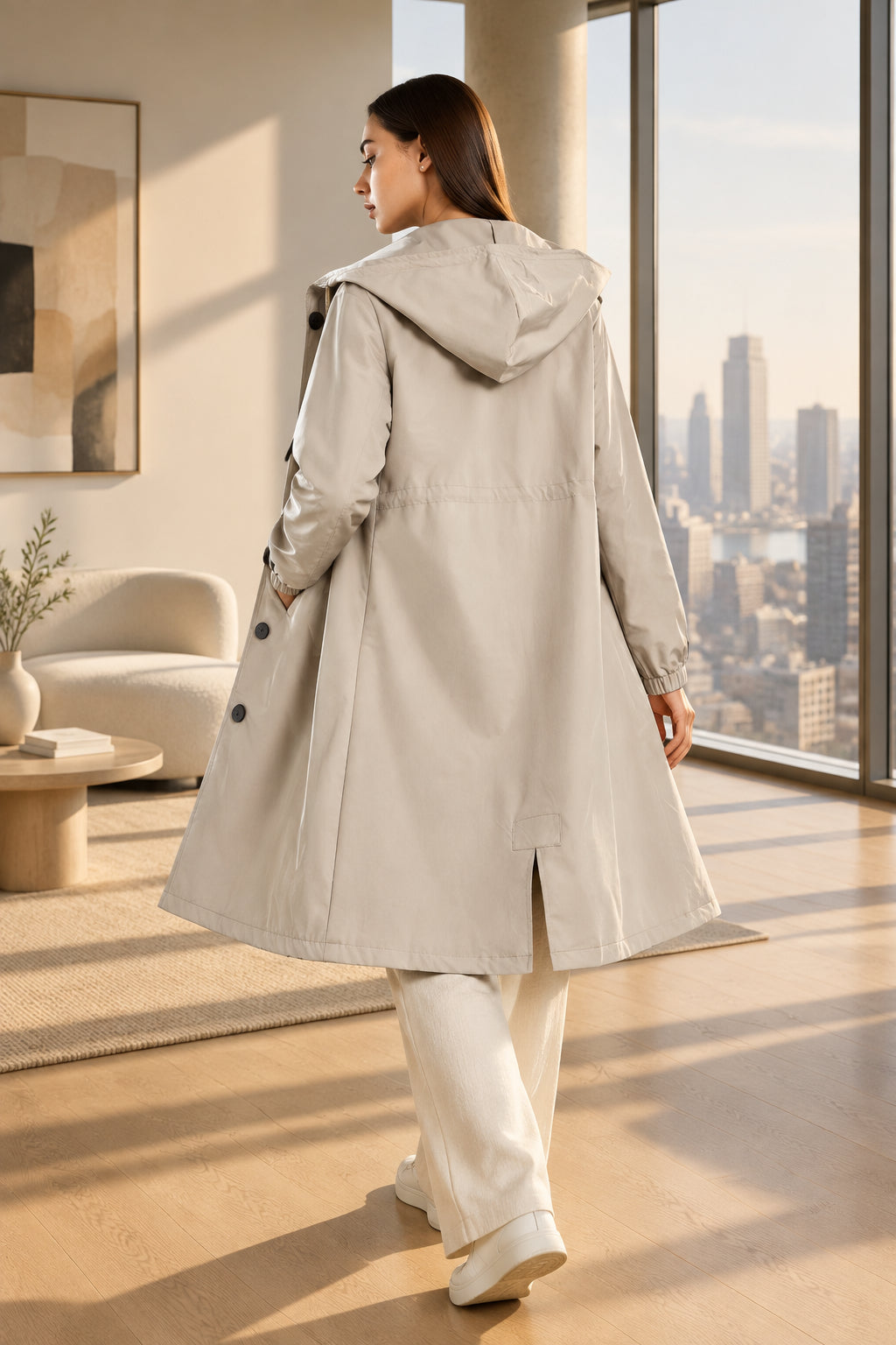 Light khaki waterproof long coat — back view
