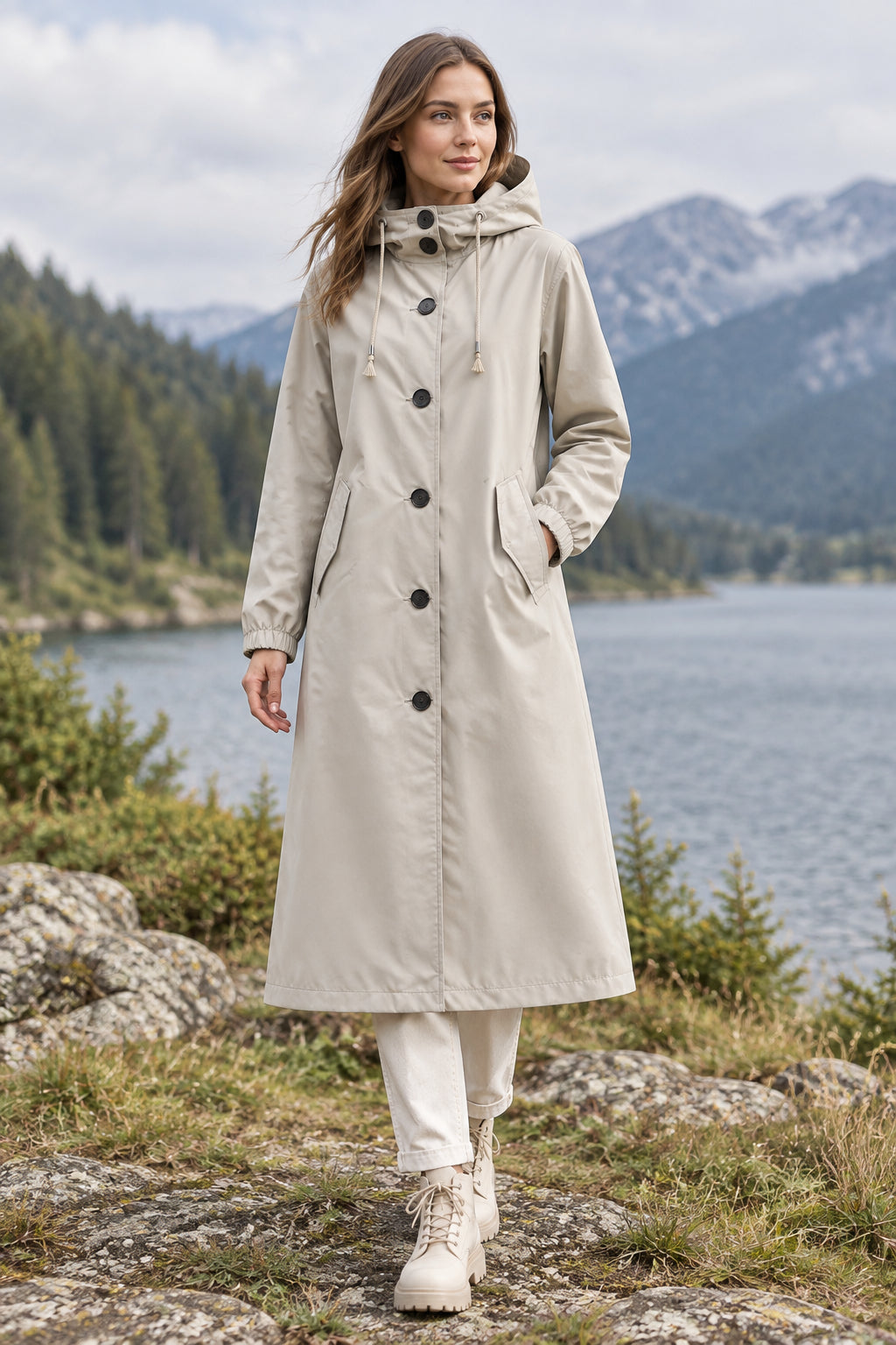 Light khaki waterproof long coat — garment view