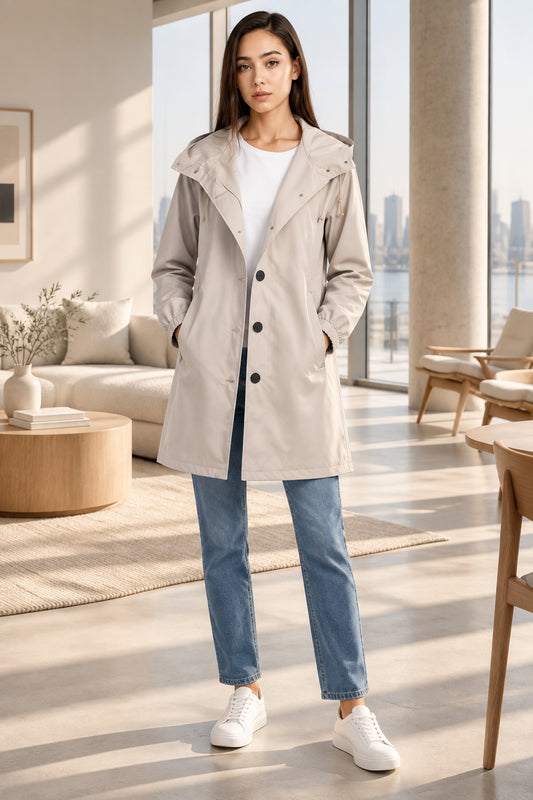 Light khaki waterproof long coat — front view