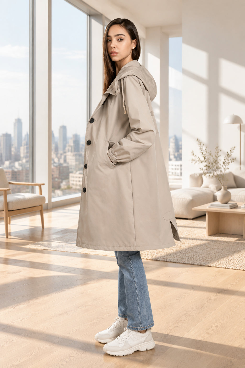 Light khaki waterproof long coat — side view