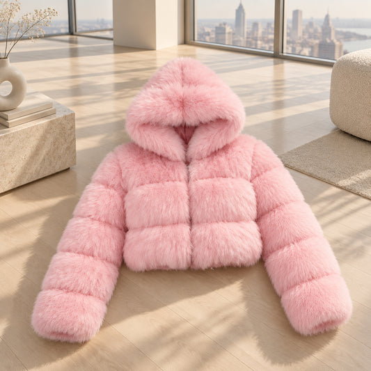 Pink Hooded Faux-Fur Cropped Jacket — product view