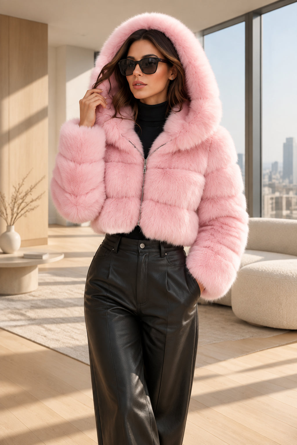 Pink Hooded Faux-Fur Cropped Jacket — model view