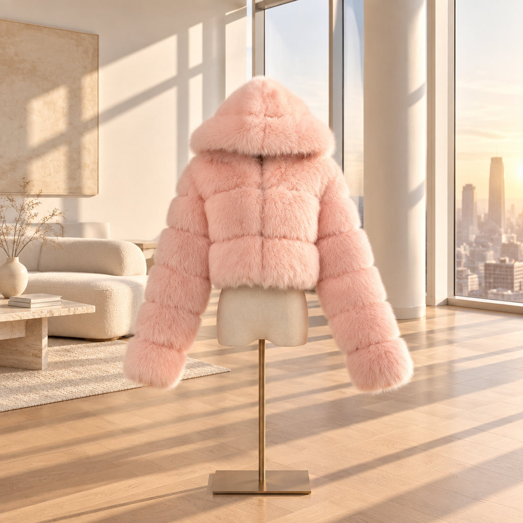 Pink Hooded Faux-Fur Cropped Jacket — product image 3