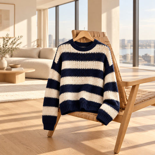 Navy & Cream Striped Knit Sweater — three-quarter view