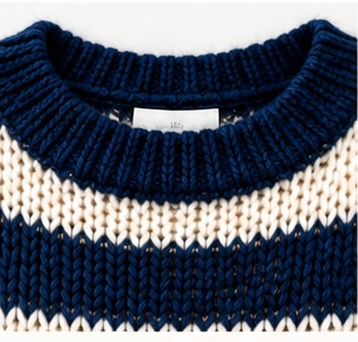 Navy & Cream Striped Knit Sweater — neckline detail