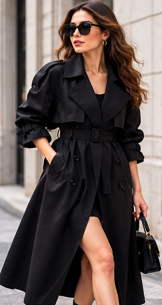 Black Belted Trench Coat — full front view