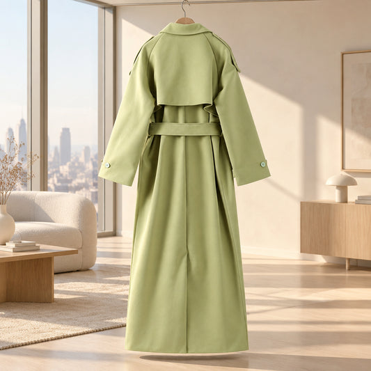 Light Green Belted Long Trench Coat — back view