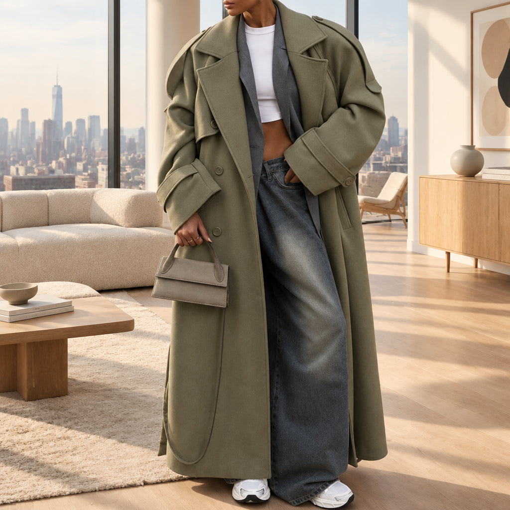 Light Green Belted Long Trench Coat — full-body styling view