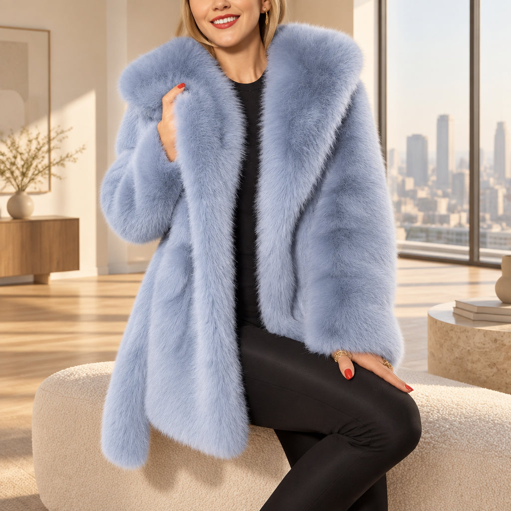 Powder Blue Faux-Fur Belted Coat — seated view