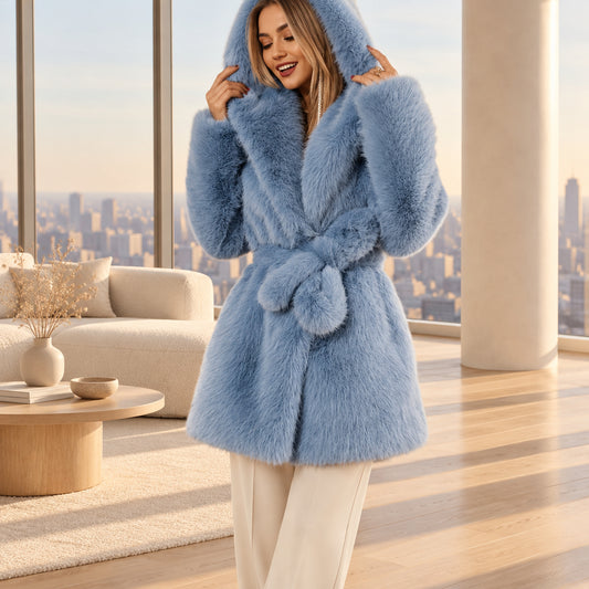 Powder Blue Faux-Fur Belted Coat — belted front view